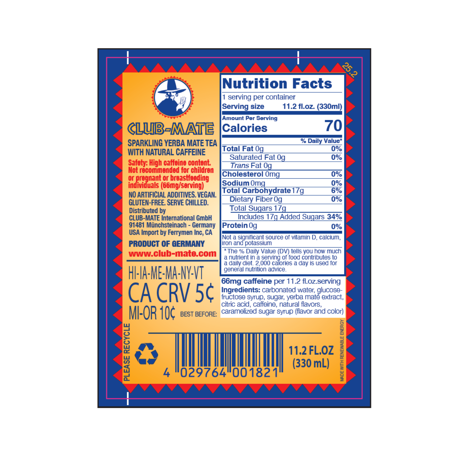 Club-Mate Original 16.9oz bottle, Germany's iconic yerba mate drink
