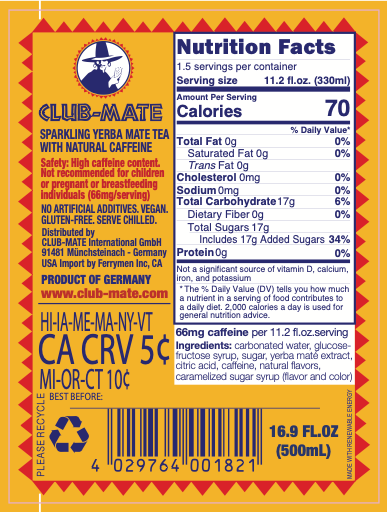 NUTRITION FATCS - CLUB-MATE -Sparkling Yerba Mate Tea - Original 16.9oz bottle.